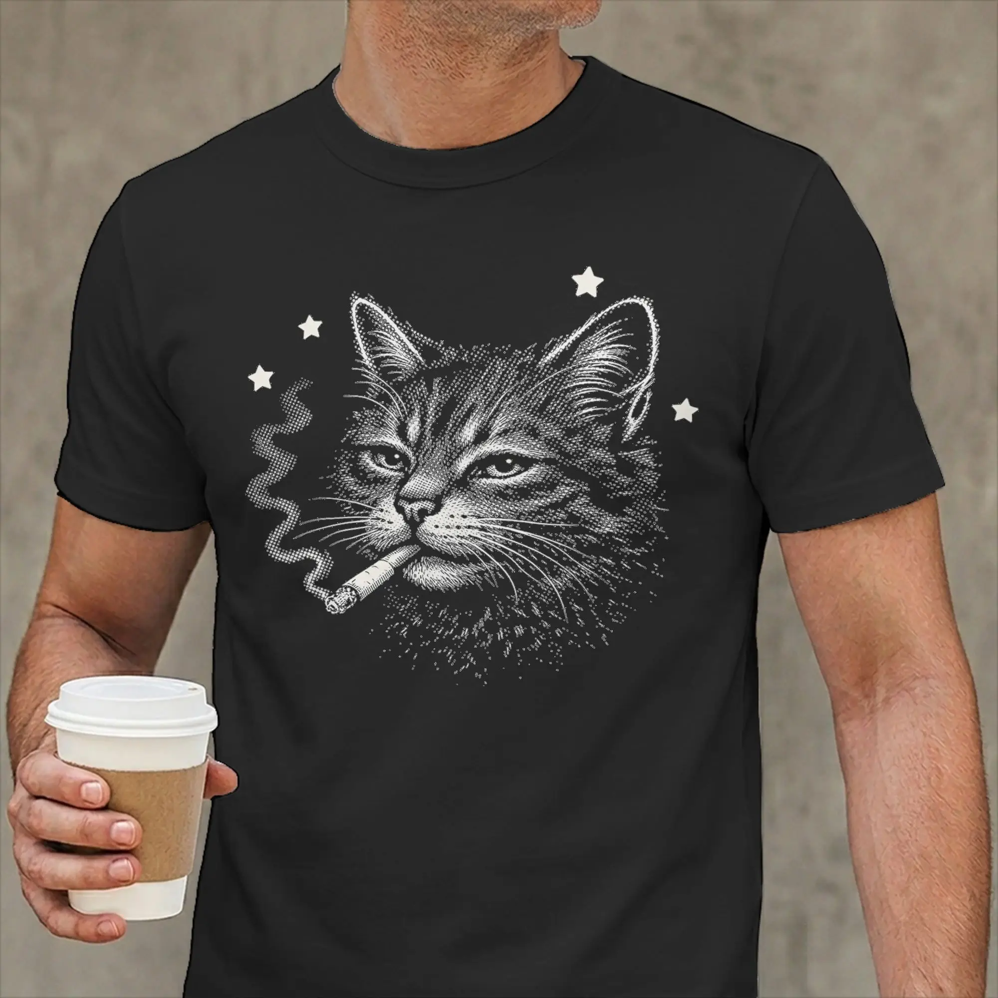 Cat Smoking Cigarette Funny Cat Mafia Meme T Shirts Men's  Cotton Fashion T-Shirts Round Neck  Tee Shirt Short Sleeve Clothes