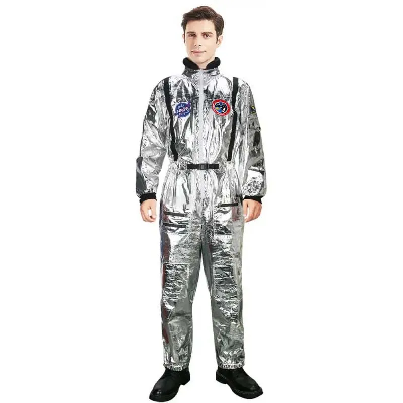 

Adult Silver Astronaut Performance Suit Male Female Astronaut Suit Space Jumpsuit Halloween Carnival Party Outfit New Gift Hat