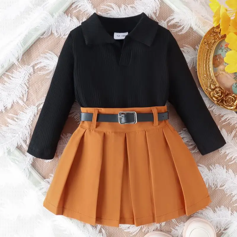 Autumn and Winter New Solid Color Lapel Long Sleeved Top Pleated Short Skirt Belt Fashionable and Cute Party Girl Two-Piece Set