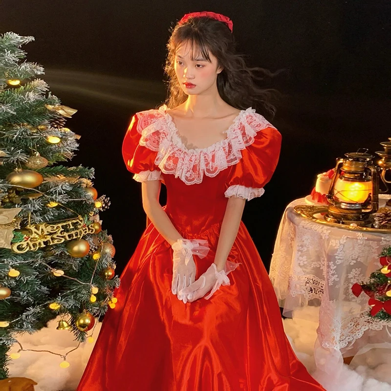 AnXin SH princess Christmas party red satin ruffles white flower lace boat neck puff sleeve bow Antique customized evening dress