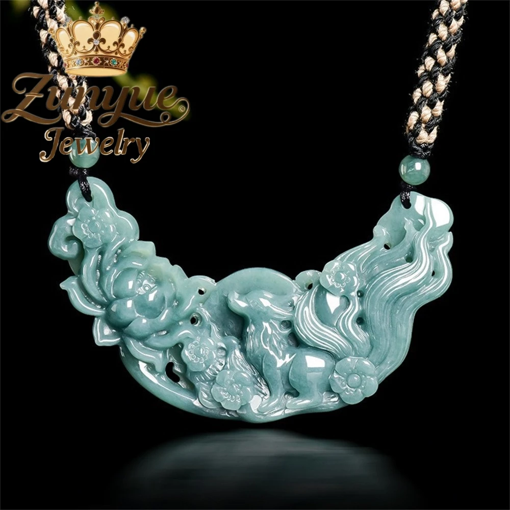 Authentic Natural A-Grade Jadeite Blue Water Three-Dimensional Nine-Tailed Fox Pendant High-End Fashion Luxury Quality Jewelry