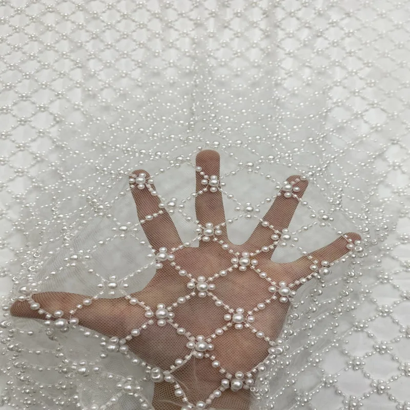 

5 Yard Designer Sewing New Plaid Beads Embroidery Size Bubble Pearl Wedding Dress Evening Women's Fashion Clothing Fabric