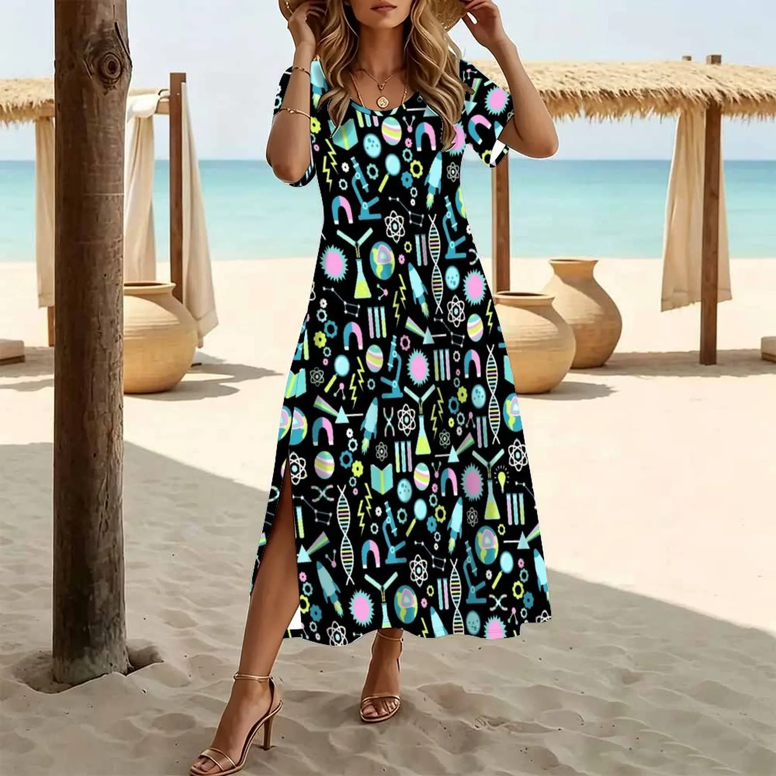 Science Studies Women's Round Neck Short Sleeve Split Long Dress
