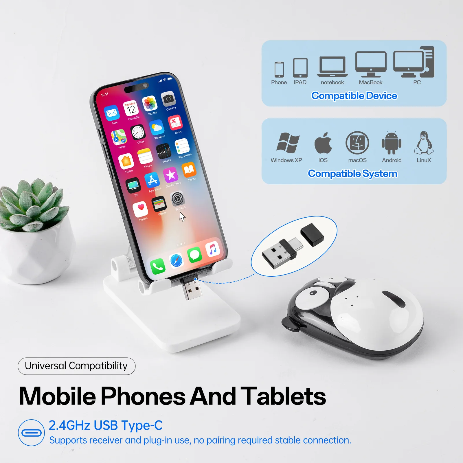 Wireless 2.4G Mouse Rechargeable Pug Shaped Mouse Dual Receiver USB And Type-C Pad PC Compatible Cute Mouse For Small Hand