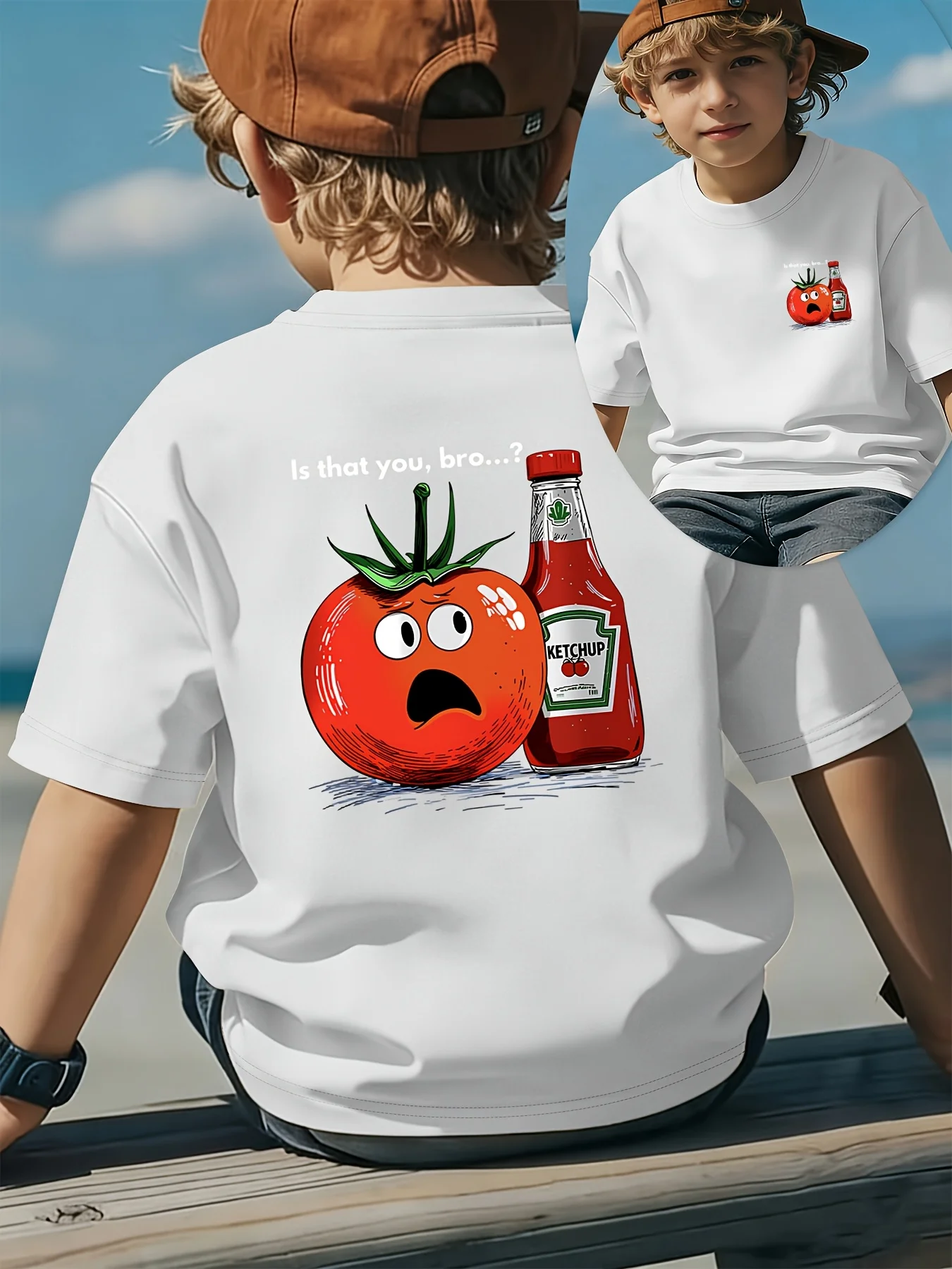 Fun Tomato Sauce, Funny Cartoon Graffiti, Fashionable and Comfortable Children's T-shirt, Summer Round Neck Parent-child Outfit