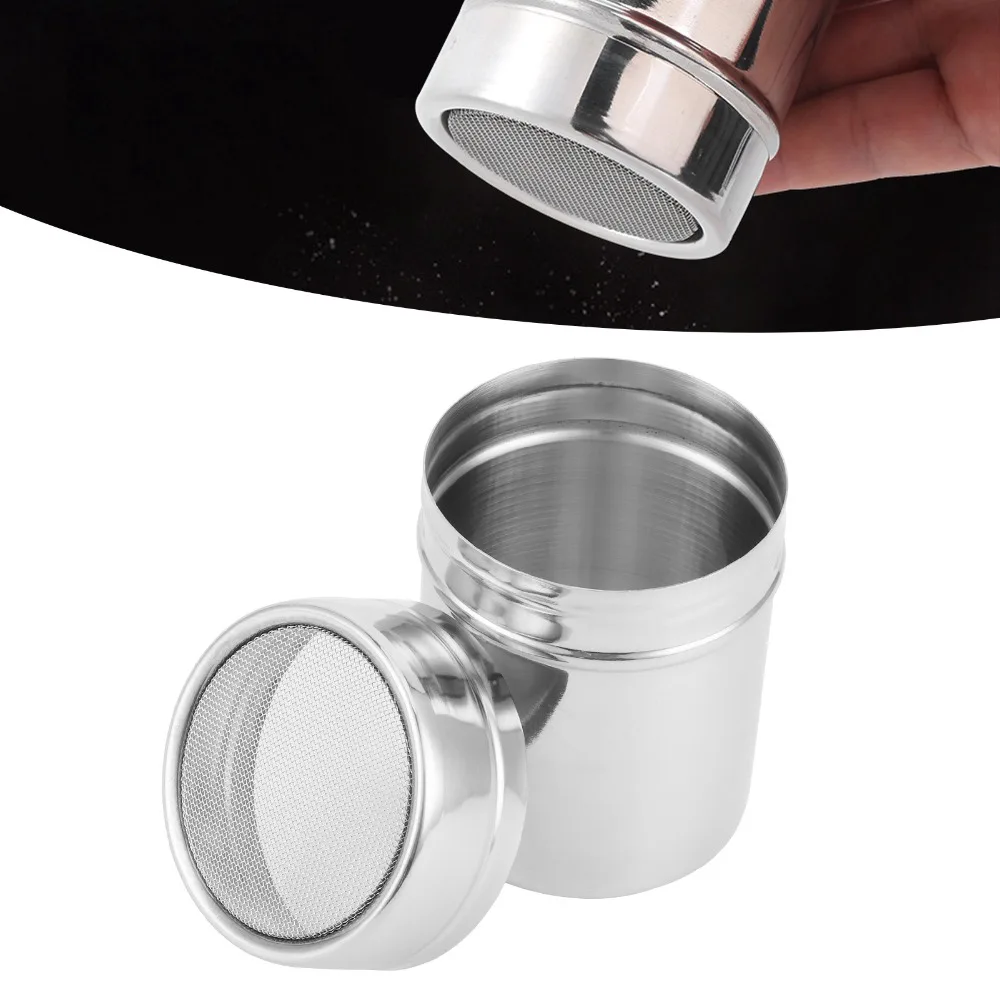 2pcs 304 Stainless Steel Powdered Sugar Shaker With Lid 195ml/345ml Flour Sifter Duster Fine Mesh Fine Mesh Dredge For Baking