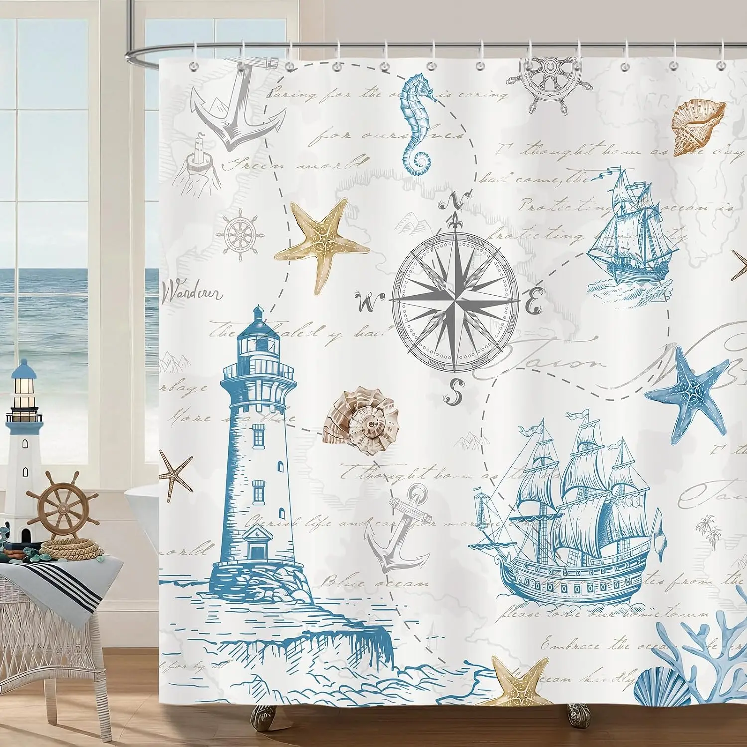 Coastal Nautical Ocean Life Lighthouse Ship Pattern Polyester Shower Curtain Bath Decor Marine Tropical Seaside Bathroom Curtain