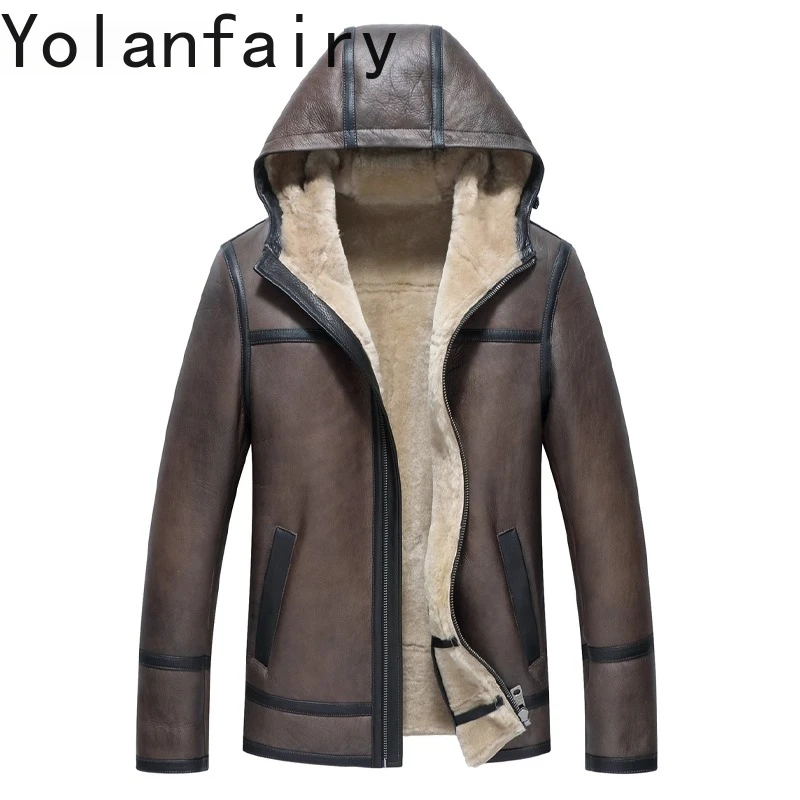 YOLANFAIRY High-end Natural Wool Fur Coat Man Hooded Winter Genuine Sheepskin Leather Jacket Men Luxury Real Fur Jackets Coats