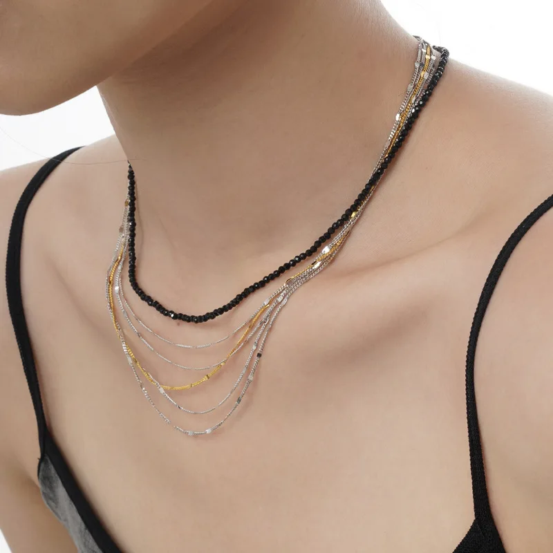 F.I.N.S S925 Sterling Silver Color Blocking Multi-Layer Necklace Black Beads Gold Link Chain Clavicle Fine Jewelry Accessories