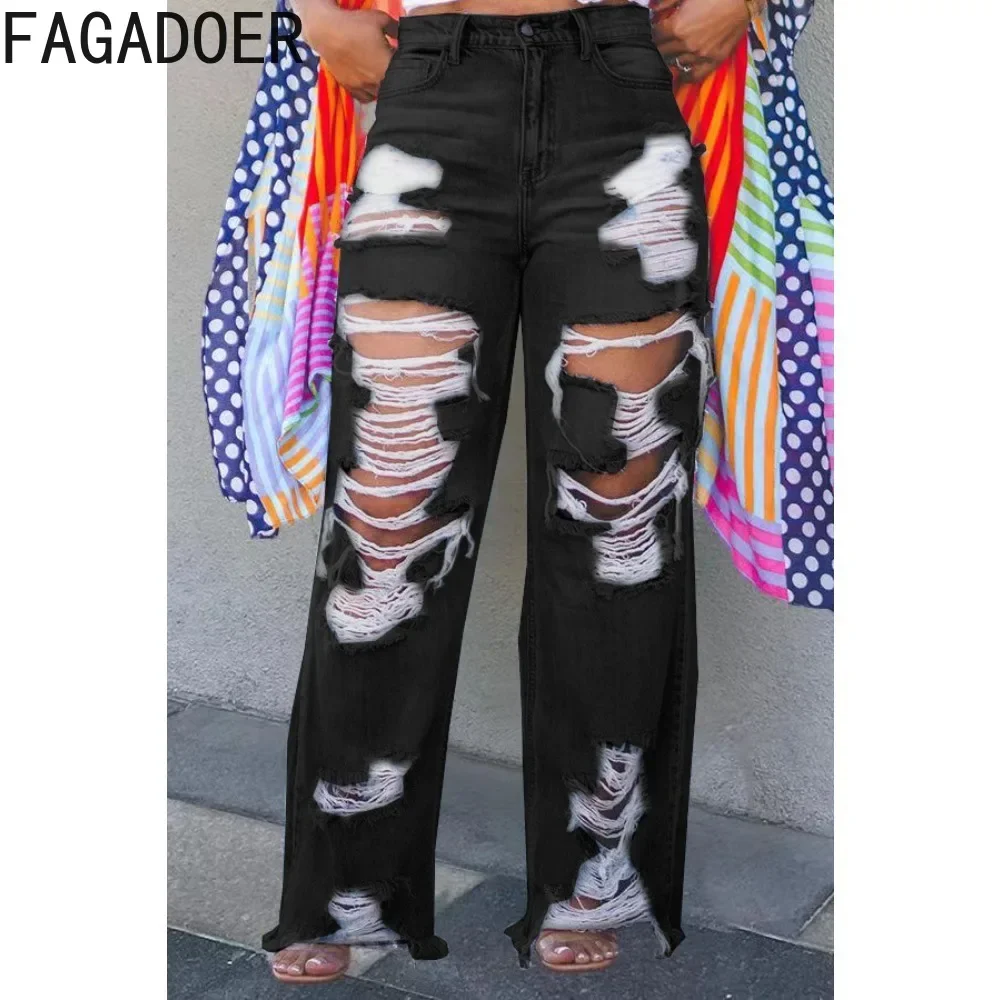 FAGADOER Fashion Hole Straight Jeans Pants Women High Waist Button Pocket Loose Denim Trousers Blue Casual Female Cowboy Bottoms