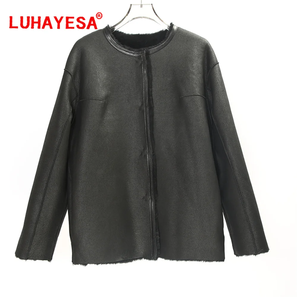 2024 Australia Merino Sheepskin Shearling Fur Coat Luhayesa Black Color Winter Warm Double Sides Wearing Lamb Fur Jacket