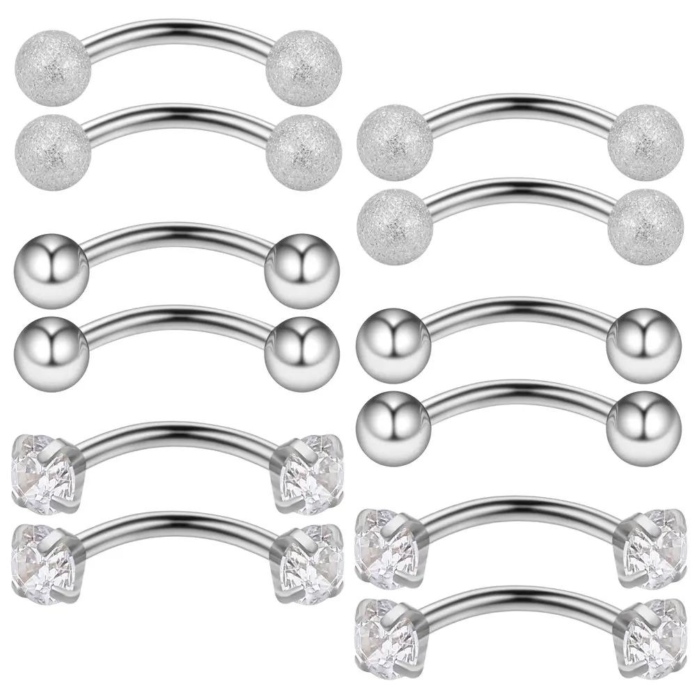 4-12PCS 16G Clear Cubic Zirconia & Ball Curved Barbell Eyebrow Belly Lip Tragus Ring Piercing Jewelry Hypoallergenic 6/8/10mm