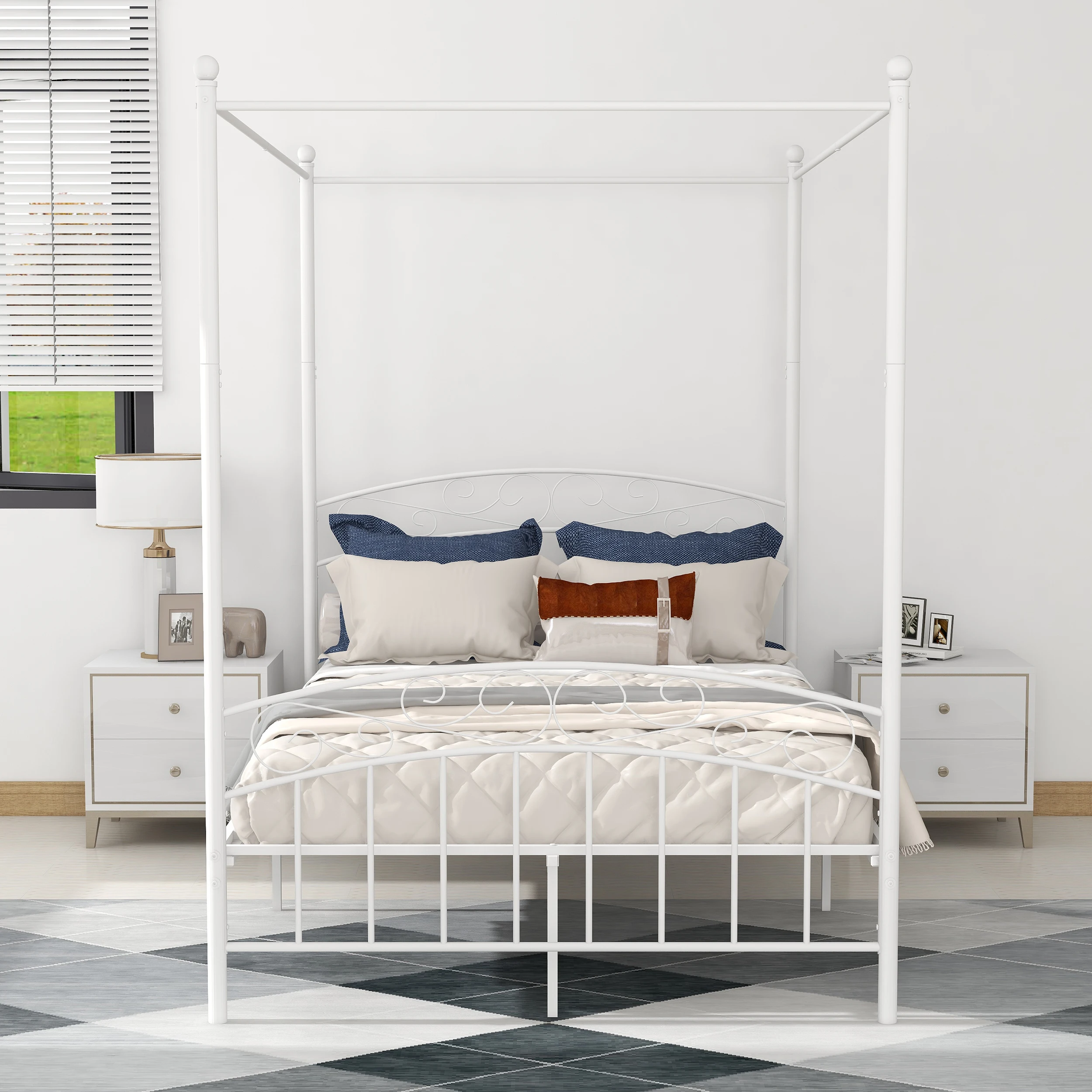 Canopy Bed Frame White Full Size Four-Poster Metal Platform Bed With Headboard And Foot board Sturdy Heavy Duty Slat Support