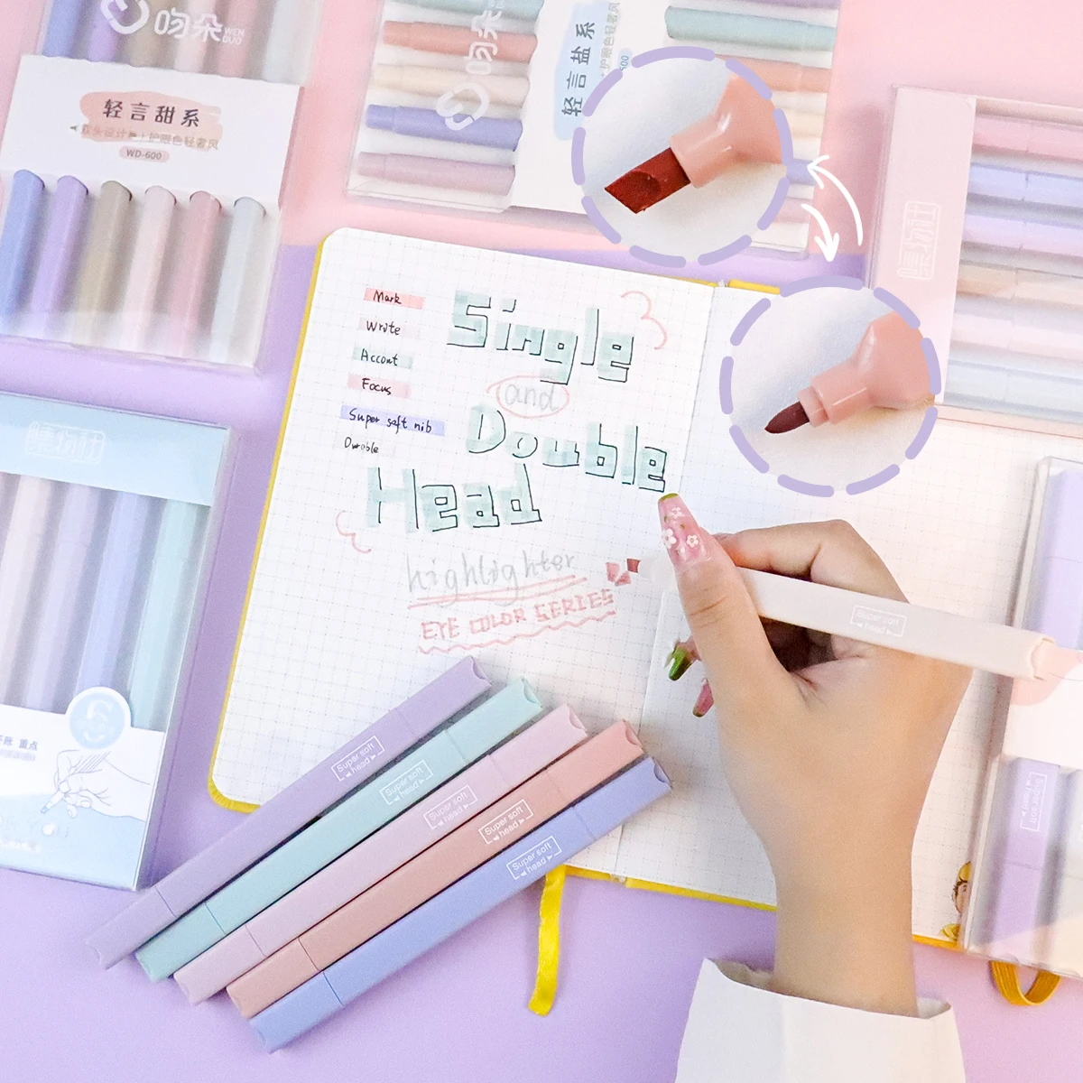 6 Pcs/Set Double Tip Highlighter Pens Kawaii Manga Markers Midliner Pastel Gel Set Stationery Journal Supplies Gel Pens