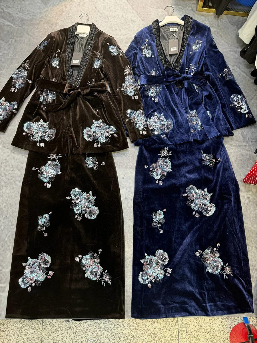 VGH Elegant Velvet Two Piece Sets for Women V Neck Beaded Trim Wrap Jacket Top Embroidery Maxi Skirt for Formal Party Outfit