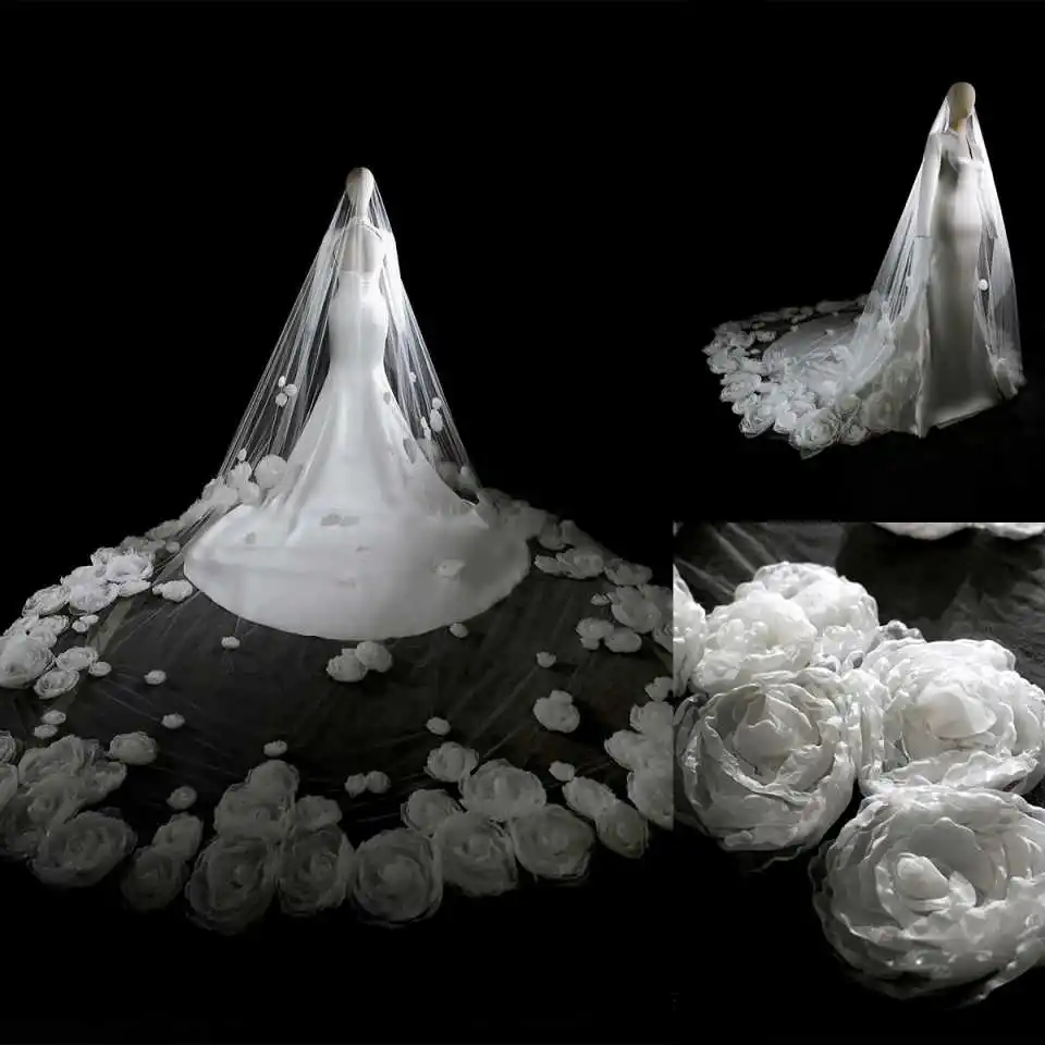 

Handmade Flowers Wedding Veil One Layer Long Cathedral Length Veils Lace Appliques Edge For Bride Voile Accessories Customized