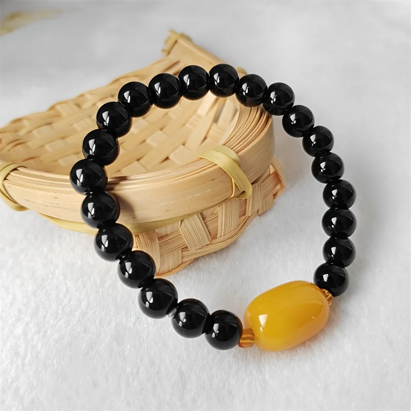 

Браслет из черного оникса в стиле ретро с желтыми бусинами-бочонками, простым этническим аксессуаром, четками и украшениями для пар.