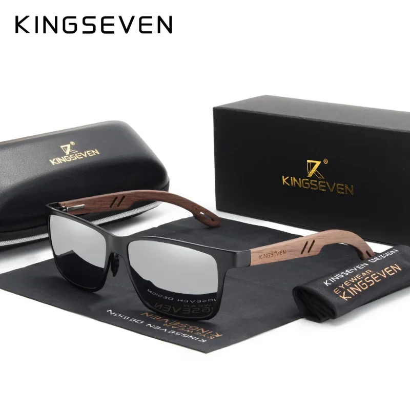 KINGSEVEN Aluminum Handmade Walnut Wooden Sunglasses Men High Quality Polarized Sun Glasses For Women Anti-Glare Mirror Lens