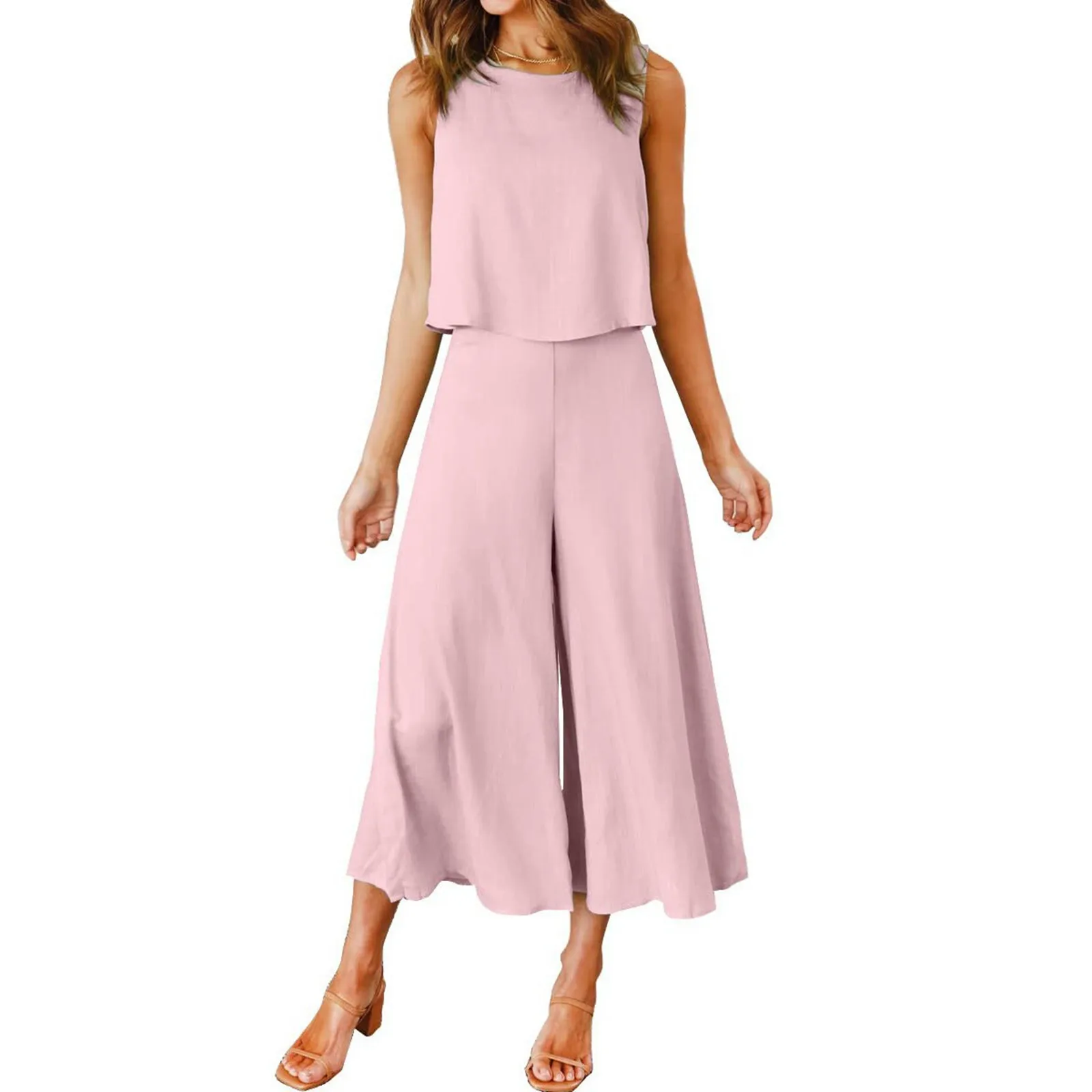 

Women Summer Elegant Temperament Suit Sleeveless Tank Round Neck Short Button Top Loose Wide Leg Pocket Pants 2 Pieces Suit