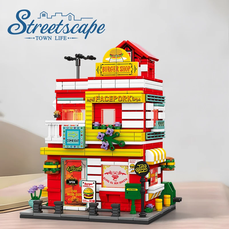 City Building Blocks Street View Burger Shop Block House Store Building Set Desktop Decor Kids DIY Toy Christmas Birthday Gift