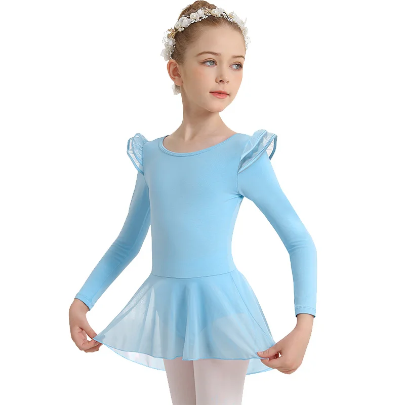 الفتيات الكلاسيكية جولة الرقبة طويلة الأكمام رداء رقص الباليه لفتاة الرقص مع طبقة مزدوجة فراشة البتلة الجناح كم فستان متجنب