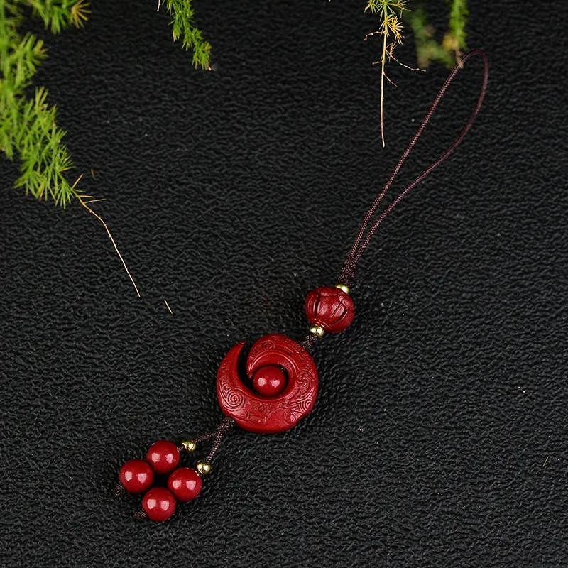Natural Cinnabar Chinese Style Good Luck Blessing Fortune Turning Phone Lanyard Lotus Bead Keychain Bag Pendant Unisex Lucky Gif