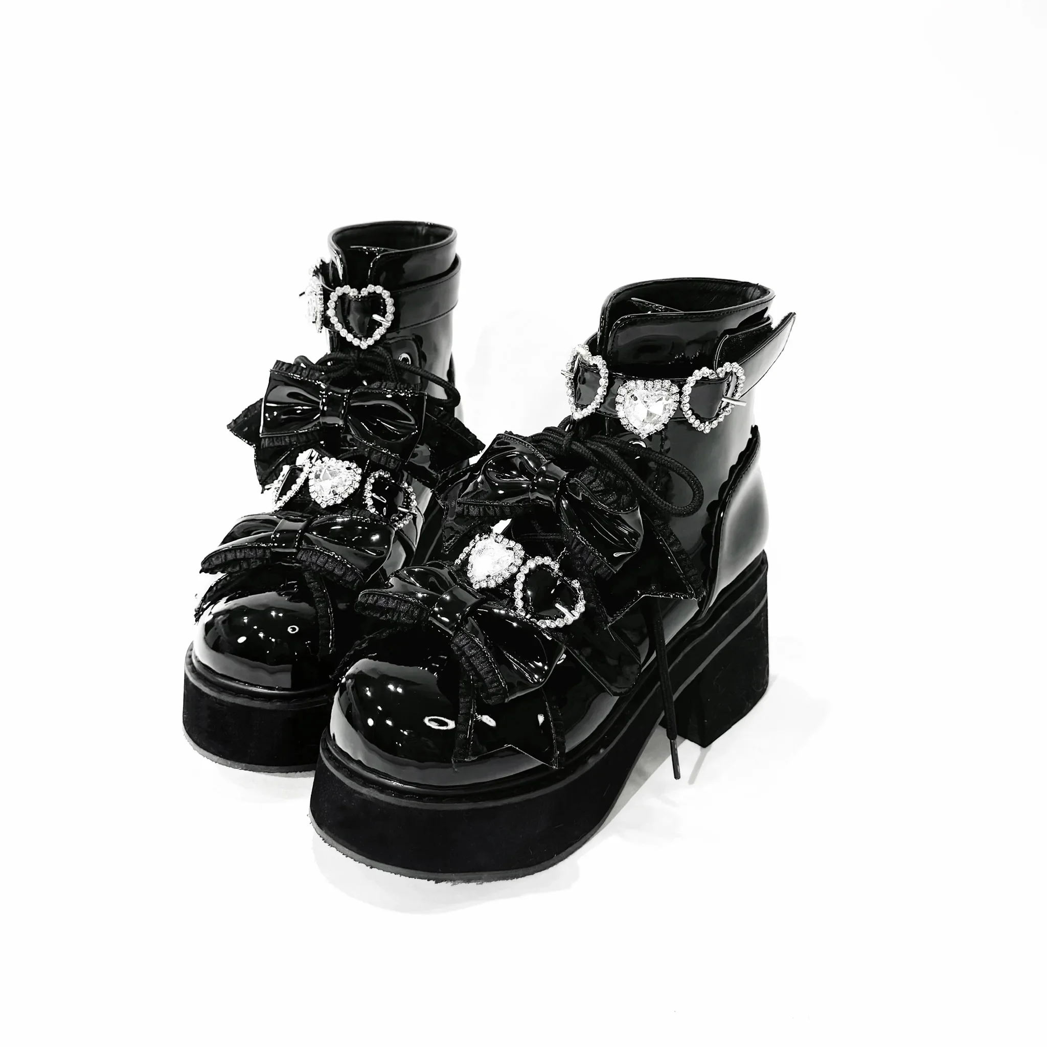 

Original Japanese Mine Series Goth Short Boots Women Sweet Cute Bow Love Rhinestone Lace Mass-produced Pu Leather Platform Shoes