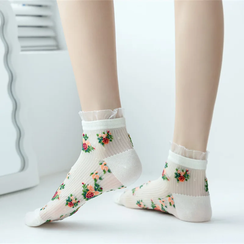 Crystal Silk Socks Women Summer Ultra-thin Transparent Low Cut Ankle Socks Floral Embroidery JK Lolita Kawaii Lace Ruffle Socks