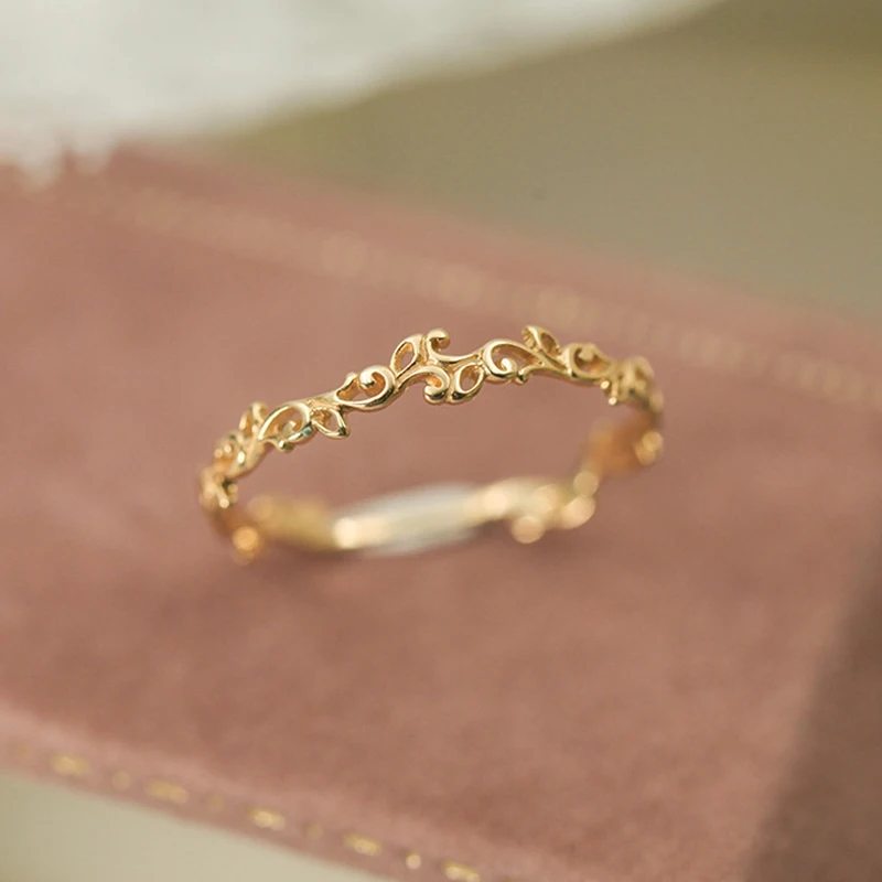 خاتم فرعي مجوف مطلي بالذهب من الفضة الإسترليني الأصلي S925 للنساء، أنيق ورائع وبسيط وكلاسيكي يومي