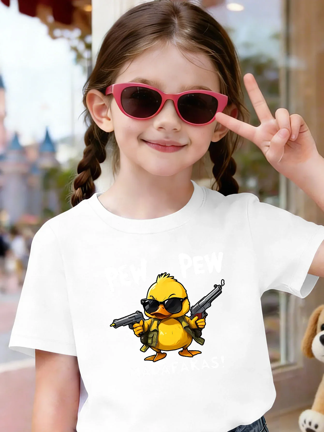 Stylish Gun Yellow Duck Sunglasses Cartoon Print Kids Tee Boys Girls Cotton Summer Soft Casual Unisex Kids Short Sleeve Shirts