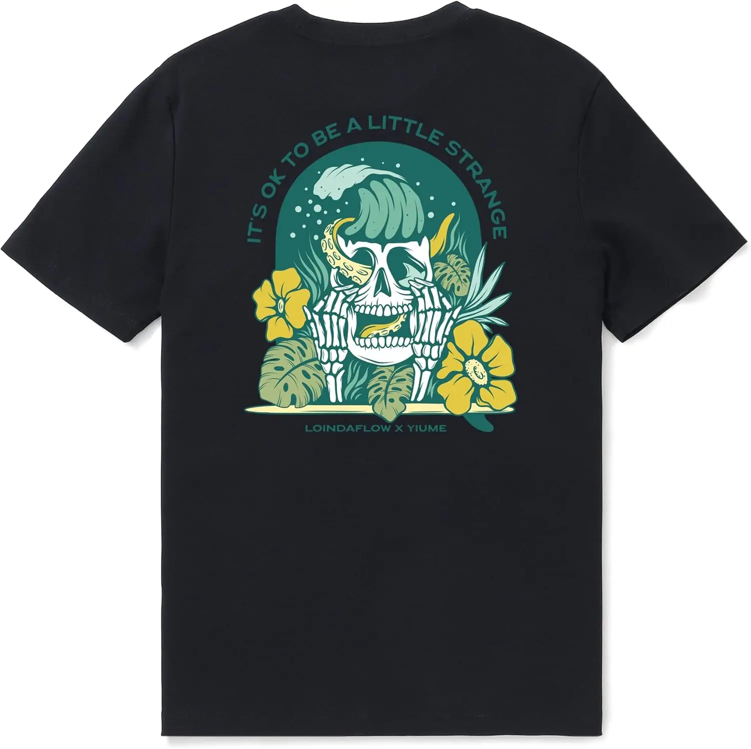 Hawaiian Tee for Men Strange Skull by Loindaflow Tee Crew Neck 100% Cotton - Black