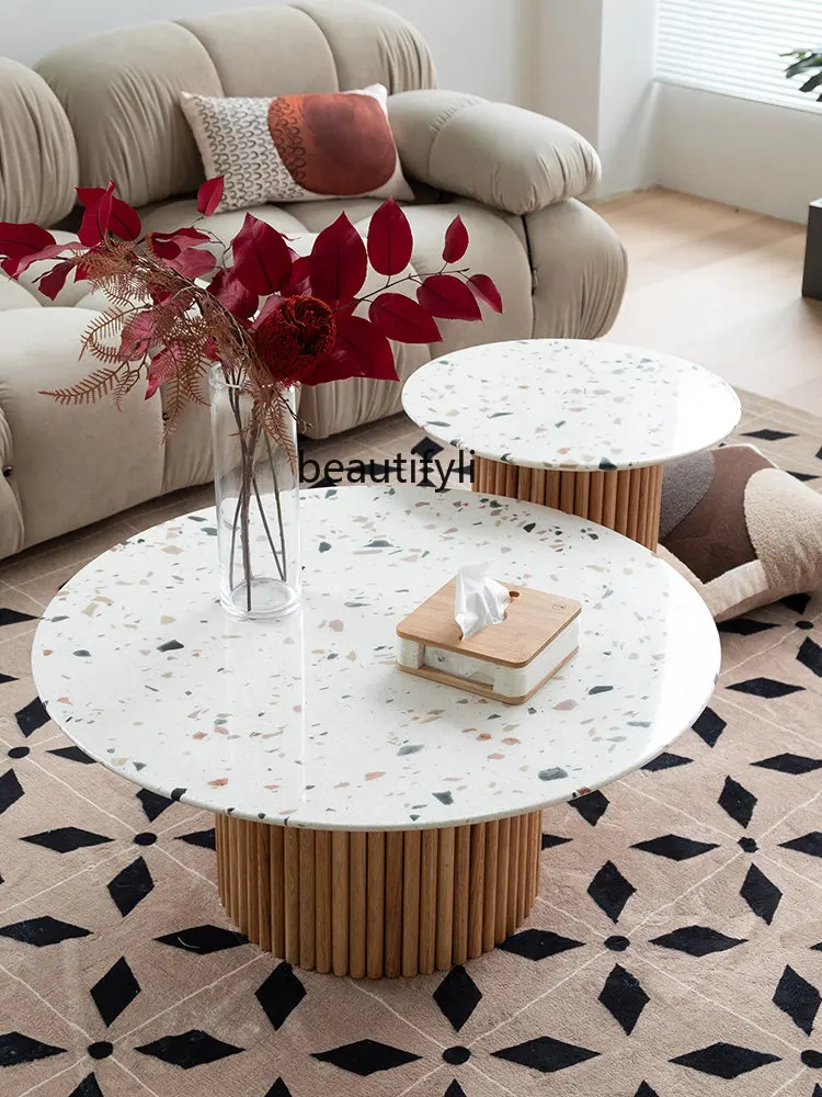 Solid Wood Size round Coffee Table Combination Terrazzo Silent Style Wood Color Tea Table