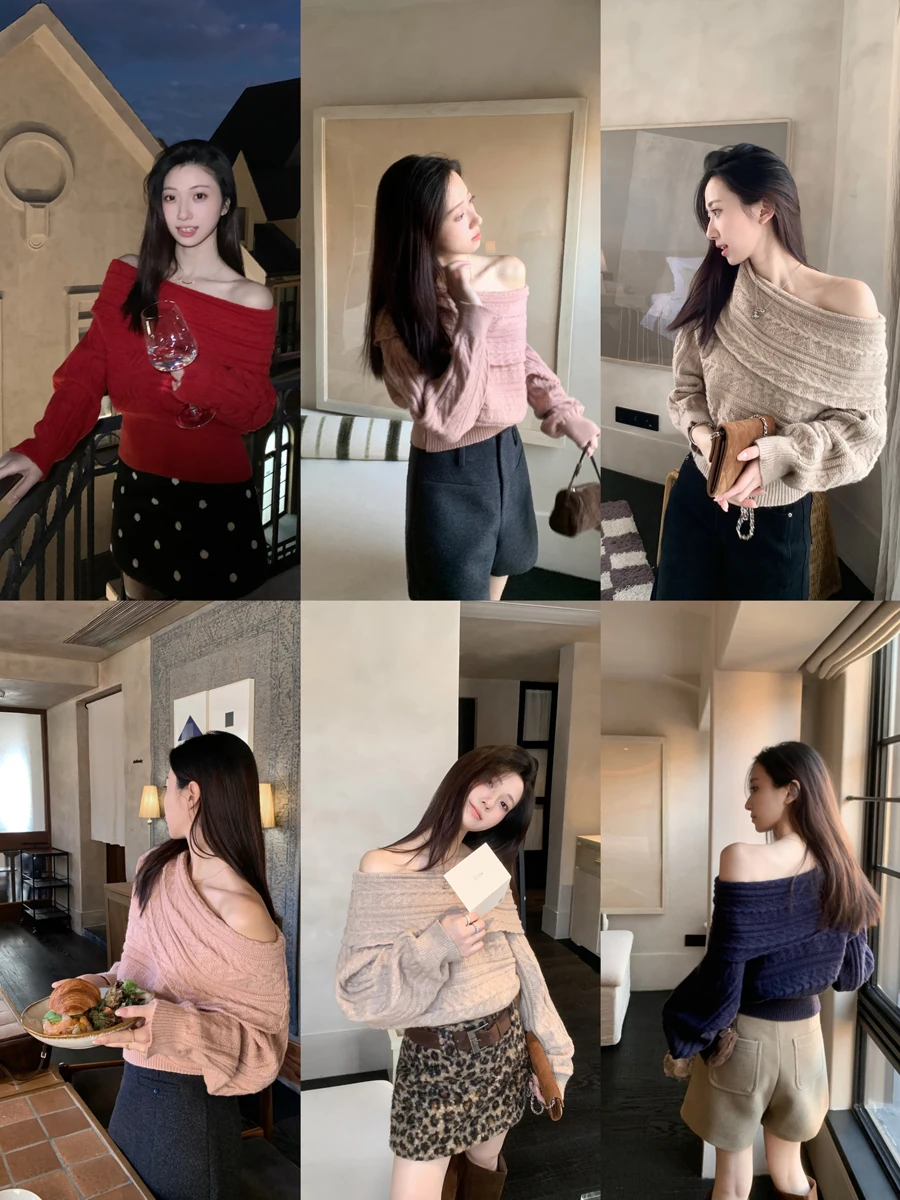 

Женский вязаный свитер с открытыми плечами, повседневный свободный крой, осенне-зимний, новый дизайн, с узором «косичка», облегающий топ