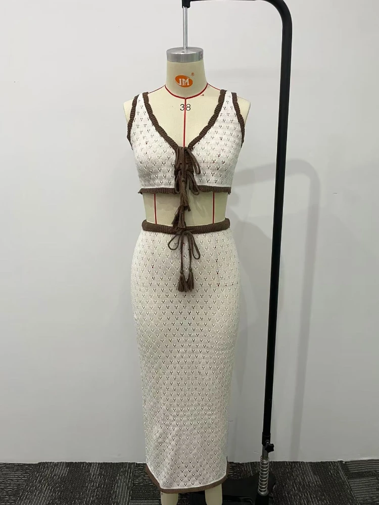 2025 New in Spring Summer Collection Fashion Beach Sleeveless V-neck Halter Top Long Dress Knitted Sexy Cut-out Tie Dress Sets