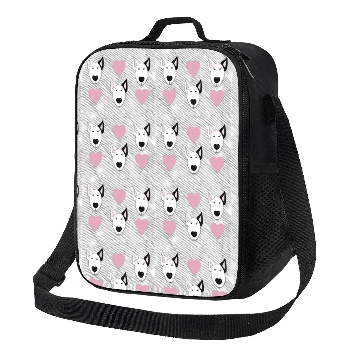 

Custom Bull Terrier Dog Hearts Stripes Pattern Lunch Bag Women Thermal Cooler Insulated Lunch Boxes for Kids School