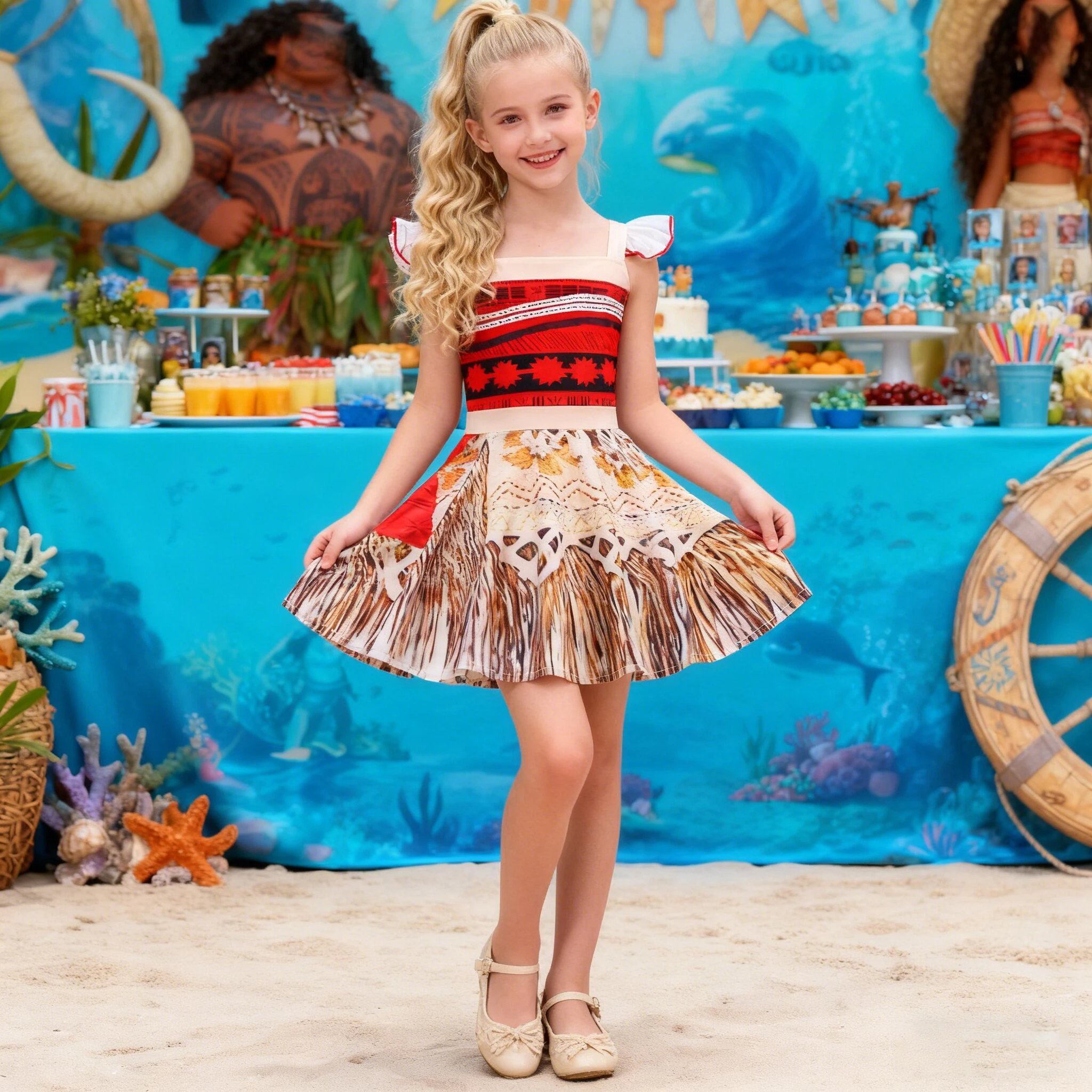 Sommer Ozean Abenteuer Prinzessinnenkleider Mädchen Cartoon Polynesisches Sommer Vaiana Geburtstagsparty Abschlussball Mädchenkleid Halloween Kostüm