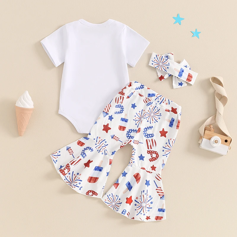 

My First 4th of July Baby Girl Outfit Short Sleeve Shirt Romper Stars Bell Bottoms Flare Pants Set Summer Clothes