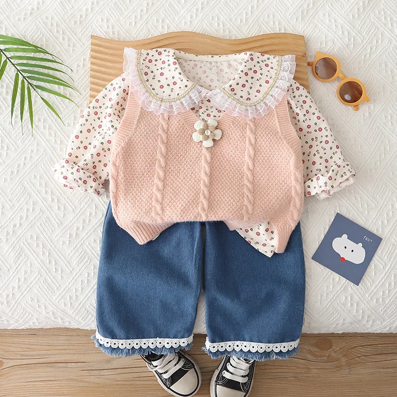 Toddler baby Girls' clothes Flower Sweater Sets Spring 2026 New Baby Girls clothing Style Western Fashion Korean Children's sets