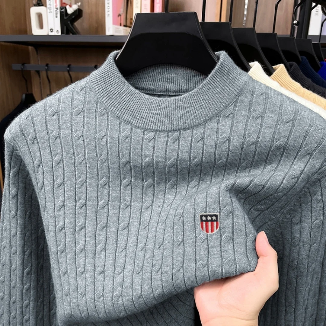 Luxury Brand Winter New Stripe Fried Dough Twists Knitted Sweater Men's Comfort Velvet Warm Hot Sale Badge Embroidered Pullover