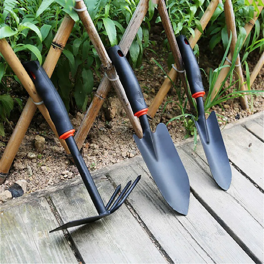 Four-Piece Set of 5 Tooth Rake, Black Rubber Handle, Flower Shovel, Dual-Purpose Hoe, Gardening Tool