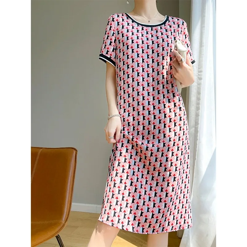 صيف 2025 جديد Sle فضفاض الحرير خلات الساتان رقيقة ort Sve طويلة Dr المرأة مستديرة Ne الكرز طباعة ألف خط Dr