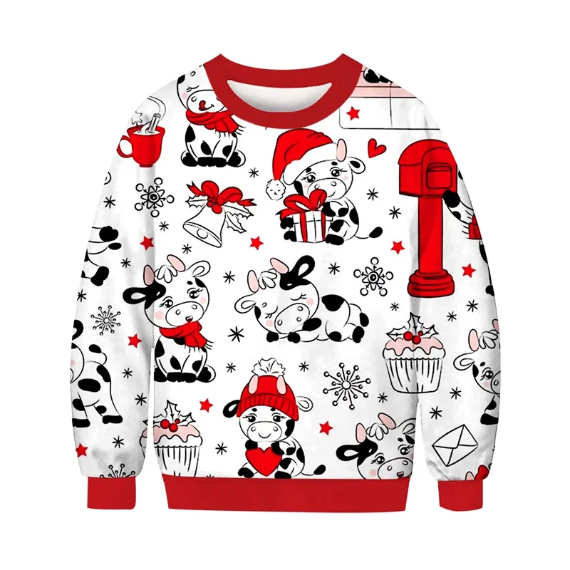 Christmas Decorations Pattern Hoodie Men Cow Santa Claus 3D Printed Pullover Autumn Long Sleeve O-Neck Hoodies Loose Sweatshirts