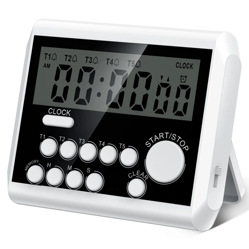 Temporizador de cocina digital de 5 canales, modo de reloj con pantalla LCD grande, temporizador de cocina, alarma de volumen fuerte y luz intermitente
