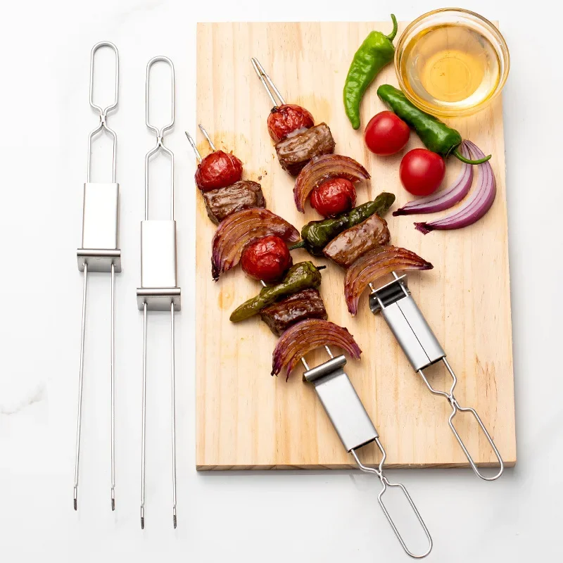 2/5/10Pcs Double Needle Stainless Steel Barbecue Skewer Reusable BBQ Skewers Double-Ended BBQ Fork Semi-automatic Barbecue Fork