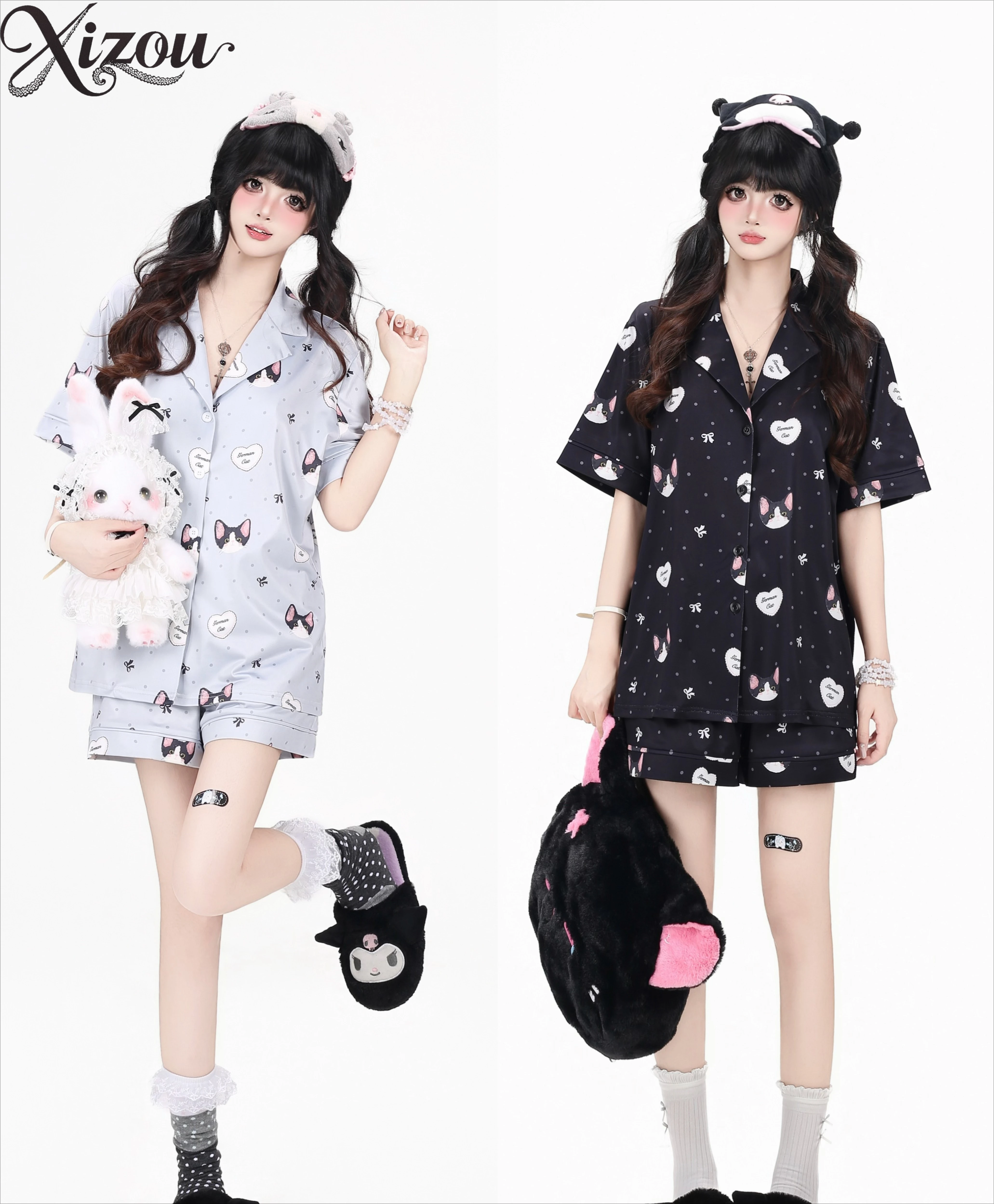 Women Devon Cat Heart Pajama Set Lapel Button Up Long Short Sleeve Top Wide Leg Pants Kawaii Soft Girl Summer Loungewear Outfit