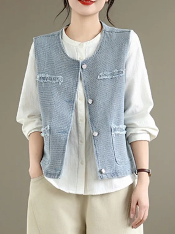 

Casual Loose round Neck Denim Vest Fashion Frayed Patchwork Short Women's plus Size Single Button Spring Artistic Style Cotto...