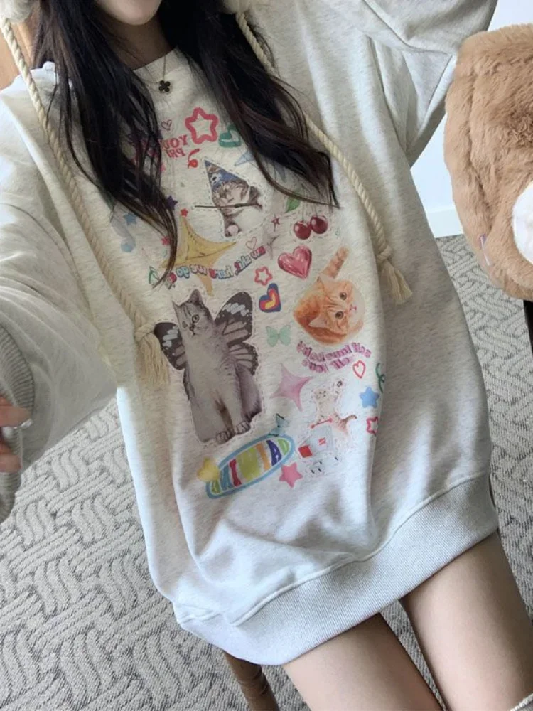 ADAgirl Kawaii Cat Print Hoodie Women Cutecore Long Sleeve Sweatshirt American Retro E-girl Kitten Angel Graphic Alt Clothes Y2k