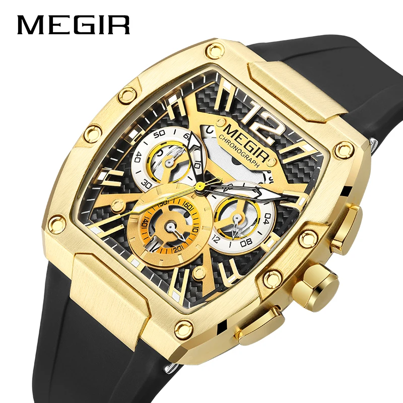 

MEGIR Brand Fashion Tonneau Dial Quartz Watch for Men Sports Silicone Strap Waterproof Date Luxury Chronograph Wristwatches Mens