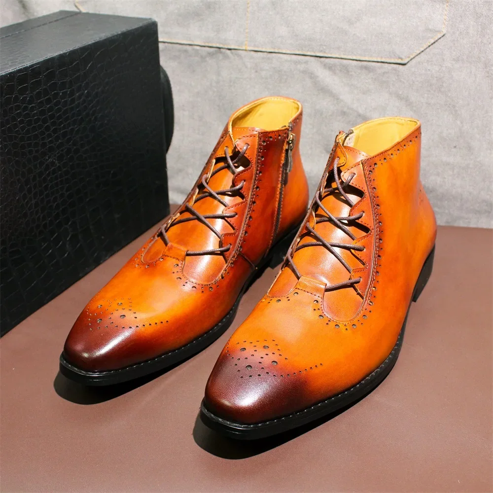 Luxury Genuine Leather Chelsea Boots for Men Brown Wingtip Ankle Lace-up Buckle Formal Snow Shoes High-end Office Footwear - view 2