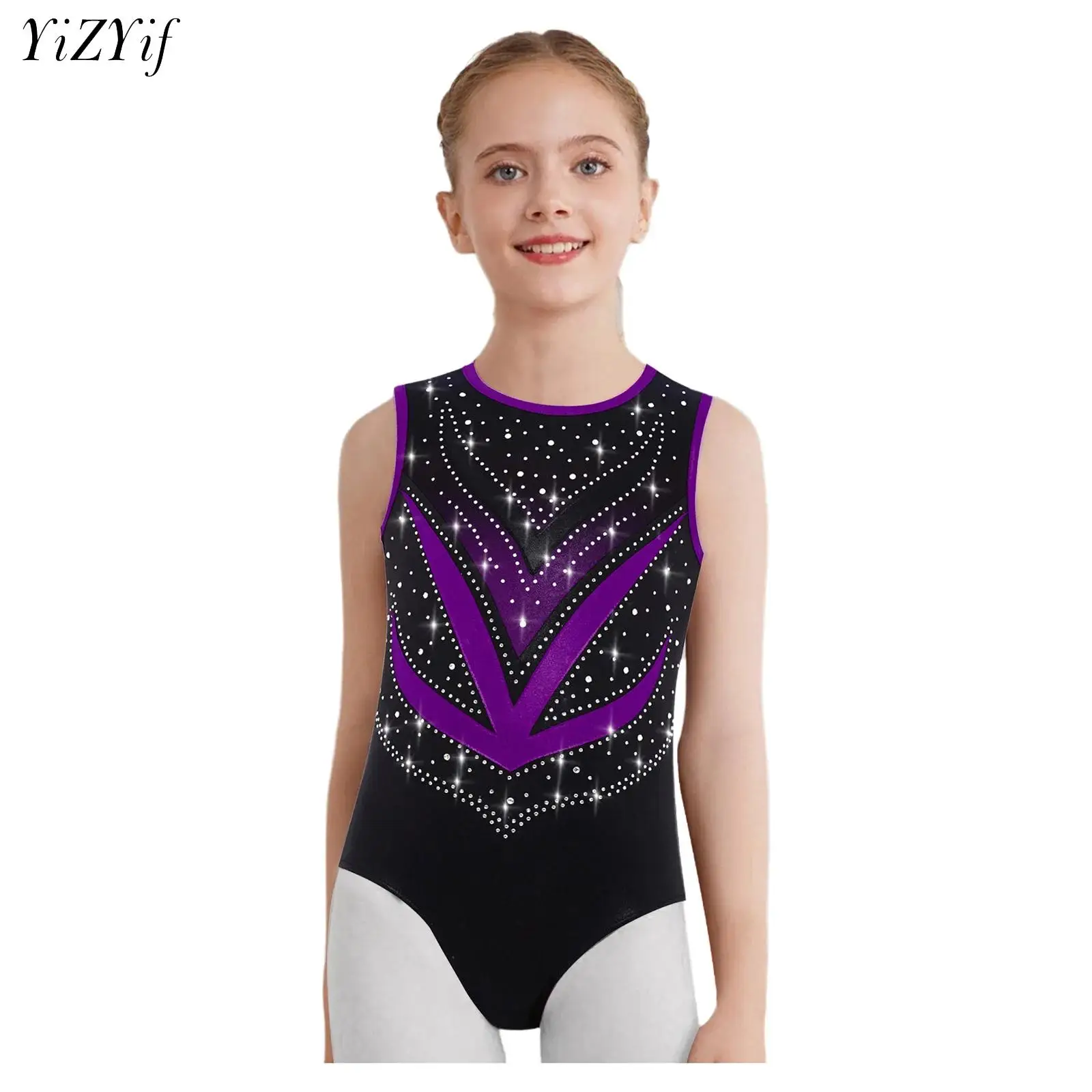 

Kids Girls Rhythmic Gymnastics Bodysuit Rhinestones Ballet Jersey Unitards Artistic Skating Leotards Dance Performance Costume